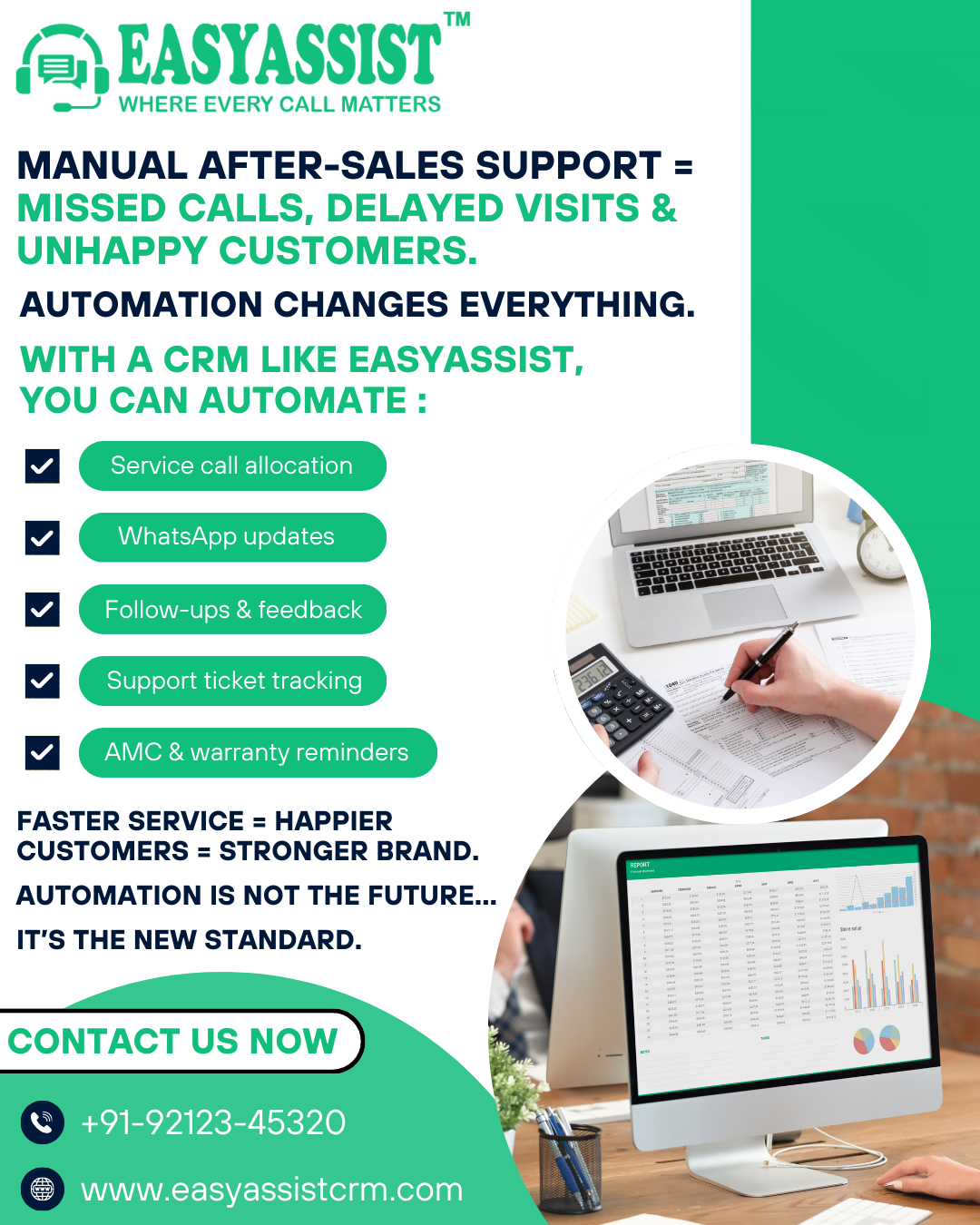 A graphical representation of an automated service workflow, showing customer contact flowing seamlessly through IVR, CRM logging, technician assignment, and final status update via WhatsApp.